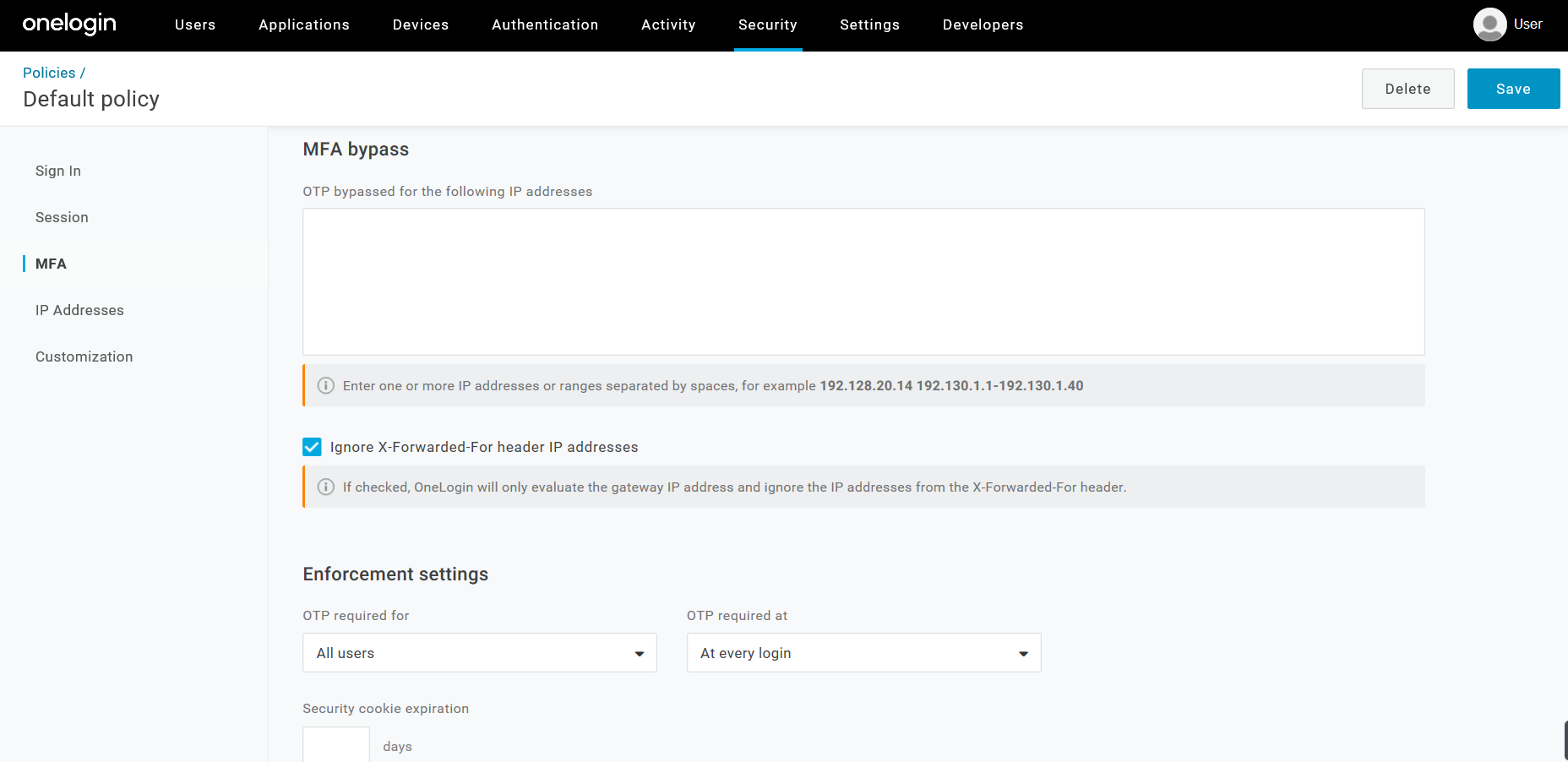 In the Enforcement settings section, select which users will require OTP and when