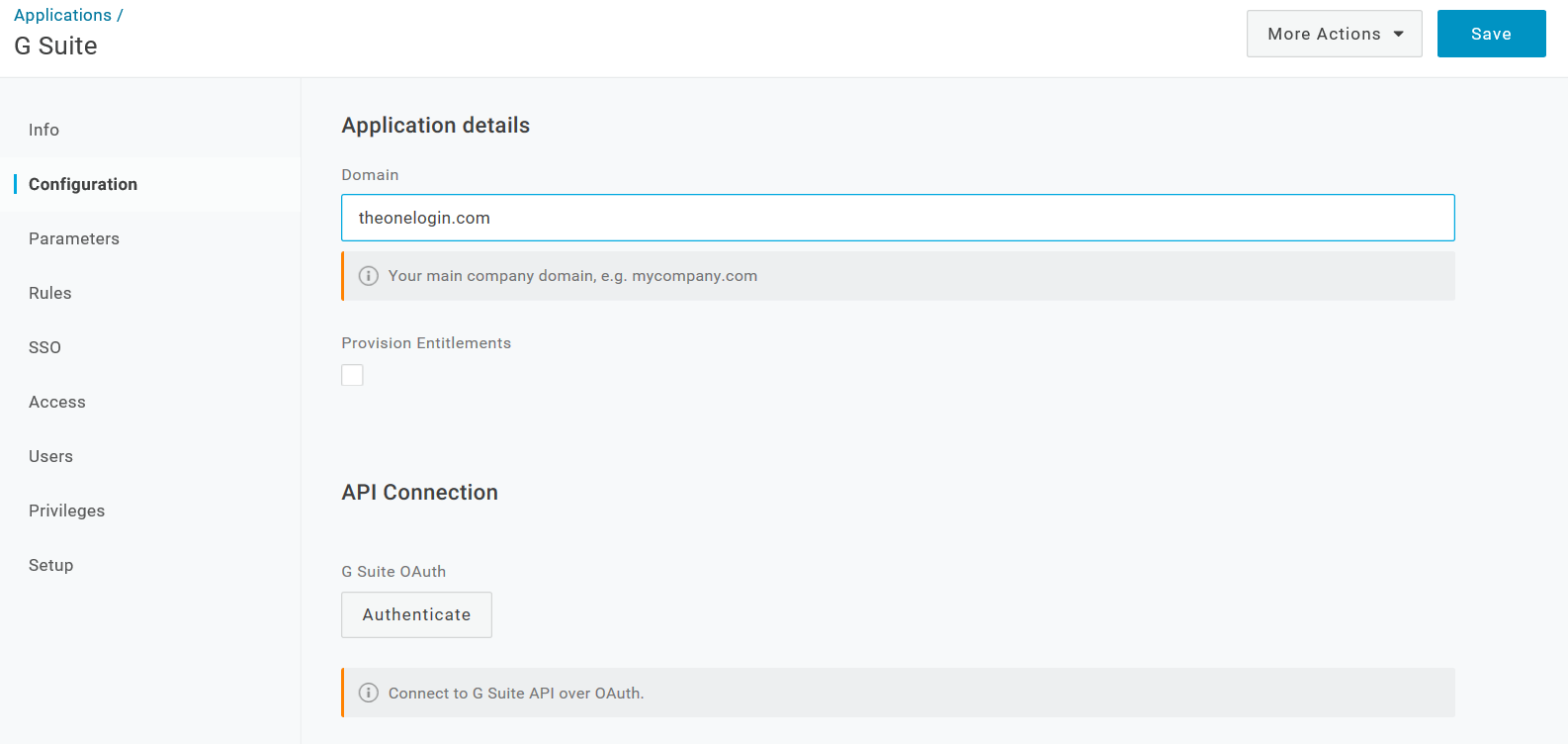 On the Configuration tab, enter your G Suite domain including the suffix (.com)